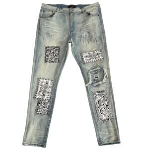 Serenede Tapered Jeans Bandana Paisley Patch Distressed Stretch Denim